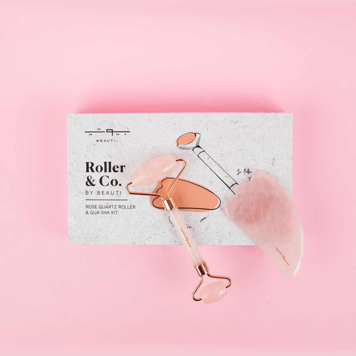 Roller & Co. by BEAUTI Jade Roller Rose Quartz Guasha Set - Face Body Roller, Massager, Skin Firming and Skin Care Tool Kit