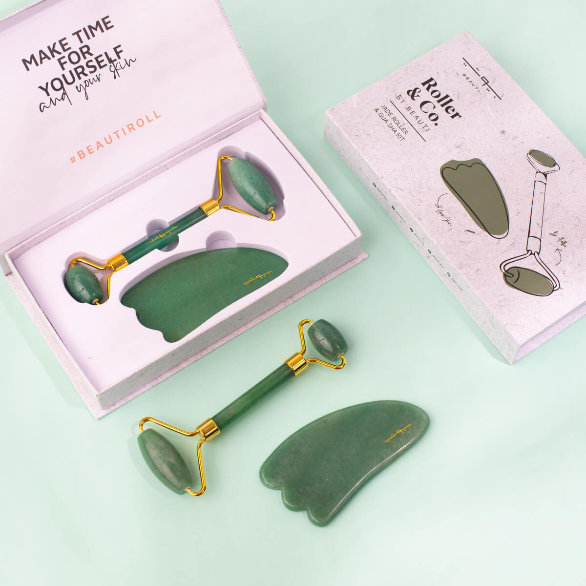 Roller & Co. by BEAUTI Jade Roller Guasha Set - Face Body Roller, Massager, Skin Firming and Skin Care Tool Kit