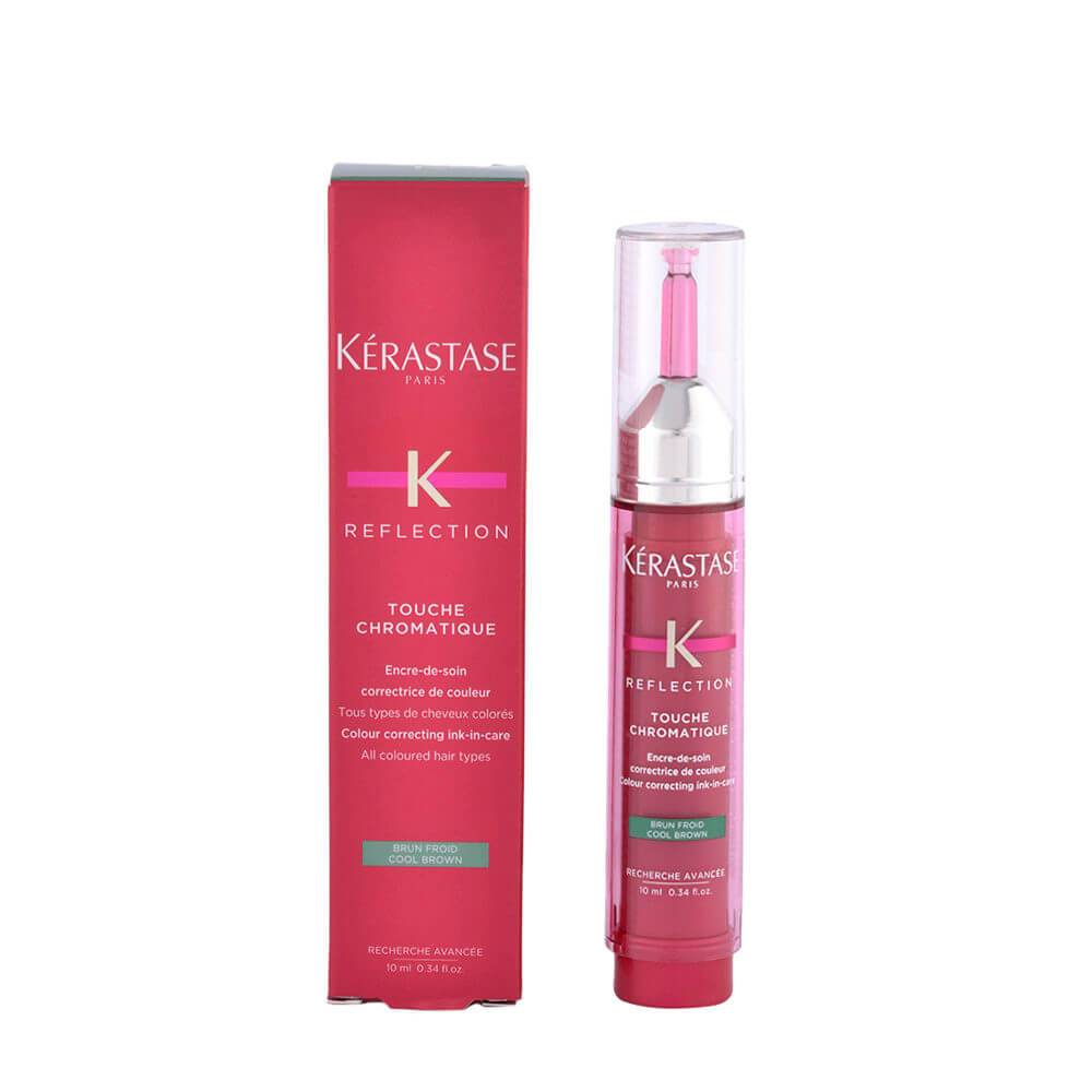 Kerastase Reflection Touche Chromatique Cool Brown 10ml, Neutralizes red reflects. Ensures color eveness. Avoids color drifting. Provides radiant shine. Plumped hair touch. Smooth & Supple texture.
